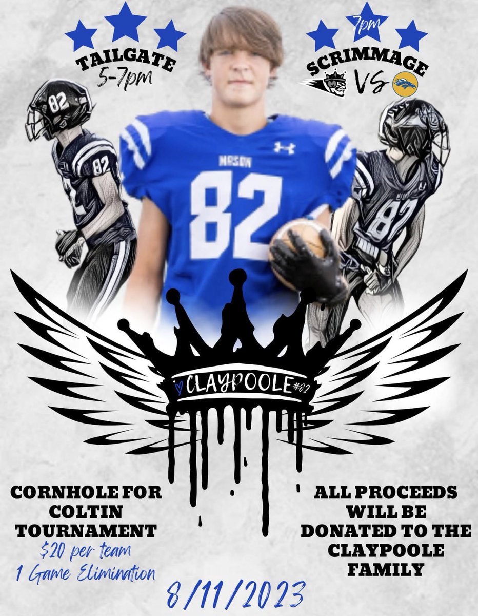 tscaggswftm's tweet photo. Mason County will host Newport Central Catholic in a scrimmage on Friday at 7 o’clock.

All proceeds from the tailgate/cornhole tournament will go to Coltin Claypoole’s family. https://t.co/u4Rwrs8laV