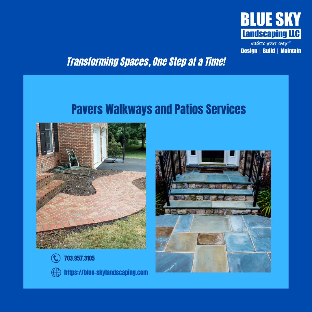 Looking to enhance your outdoor living area?  Our pavers walkways and patios services can create a stunning space that is perfect for entertaining or simply relaxing with family and friends.  

☎️703.957.3105
🌐blue-skylandscaping.com/hardscapes-wal… 

#hardscaping  #pavers #patios #walkways