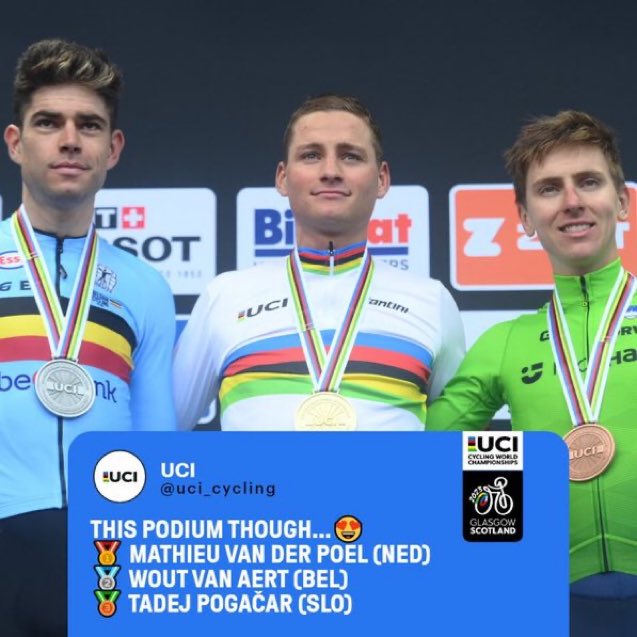 DarukLeProdige's tweet photo. Est-ce ce que je suis content que #VanDerPool soit champion du monde ? Carrément. J’ai aimé son panache. Manquerait plus qu’il gagne en VTT et il sera champ. du monde dans 3 catégories en même temps. 🤞
@UCI_cycling #GlasgowScotland2023 https://t.co/d2aoyG3can