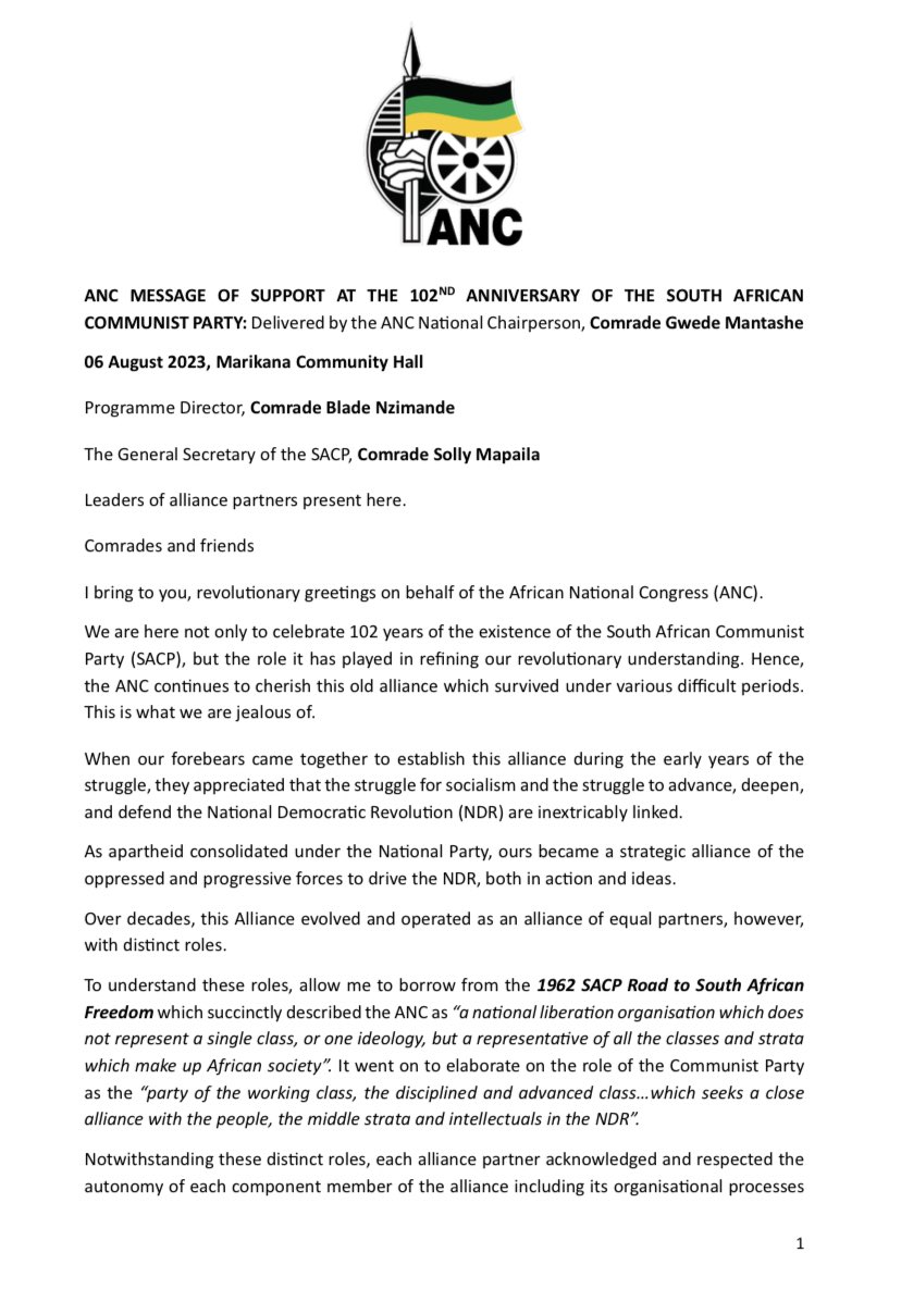 MbalulaFikile's tweet photo. ANC MESSAGE OF SUPPORT AT THE 102ND ANNIVERSARY OF THE SOUTH AFRICAN COMMUNIST PARTY: Delivered by the ANC National Chairperson, Comrade Gwede Mantashe https://t.co/UbWHAdOY0f