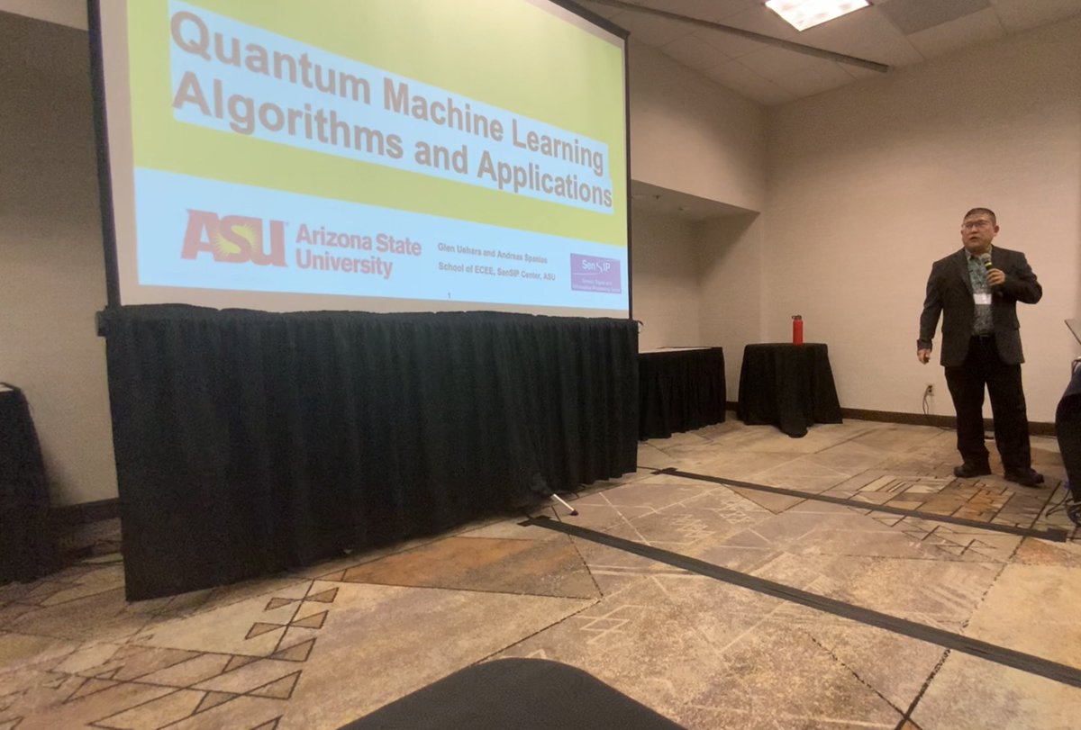 asusensip's tweet photo. Happening Now: Our #Quantum Machine Learning (QML) tutorial at the #IEEE Midwest Symposium on Circuits & Systems (#MWSCAS) at Tempe Mission Palms. G. Uehara from General Dynamics & A. Spanias from #SenSIP presenting theory, applications & results from QML @ASUResearch projects. https://t.co/Gyj6E21fgY