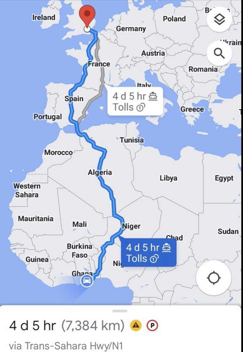 BongoIdeas_'s tweet photo. How can you tell me you drove from Accra to London when your guys actually got ferried across the Mediterranean Sea? Lol!

Technically, that’s not a trip from Accra to London. That’s a trip from Accra to Morocco. Nobody’s a fool. https://t.co/yixNmf9qL5