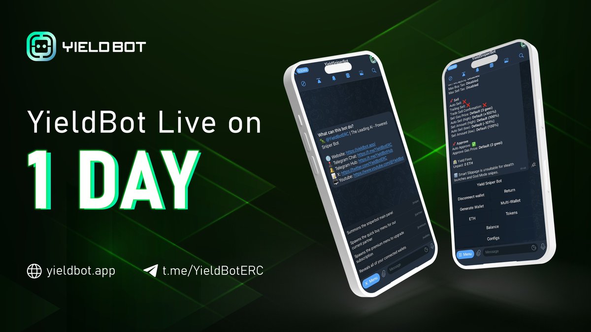 YieldBotERC's tweet image. YieldBot to goes LIVE in 1 day!

🗓 Launch Date: August 7, 2023

yieldbot.app 

#YieldBot #TelegramBot #AI #Ethereum