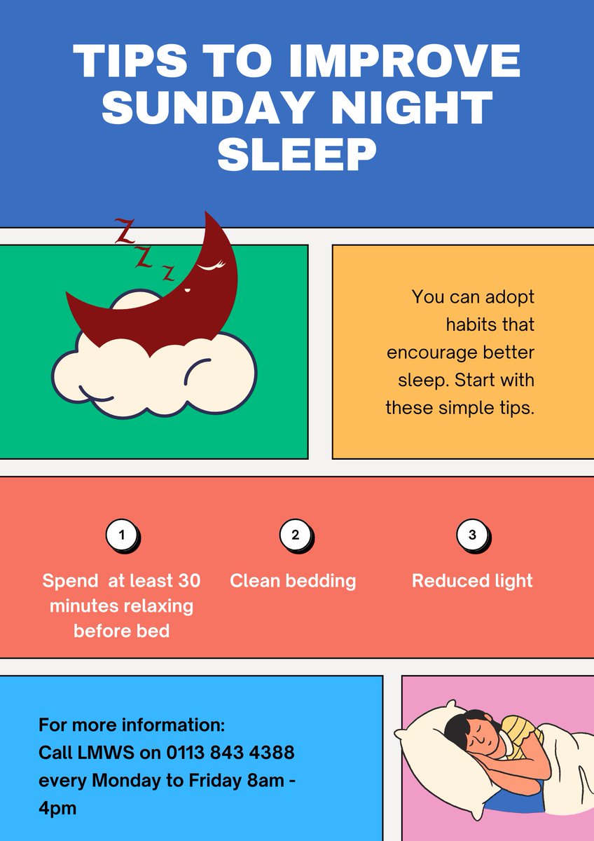 Lying awake in bed Sunday nights thinking about the week ahead can add up to stress and anxiety. These helpful tips can help you fall asleep more easily. For more tips and a free 2 hour Sleep Well class, visit: leedscommunityhealthcare.nhs.uk/our-services-a… #wellness #SleeplessNights #LeedsPride