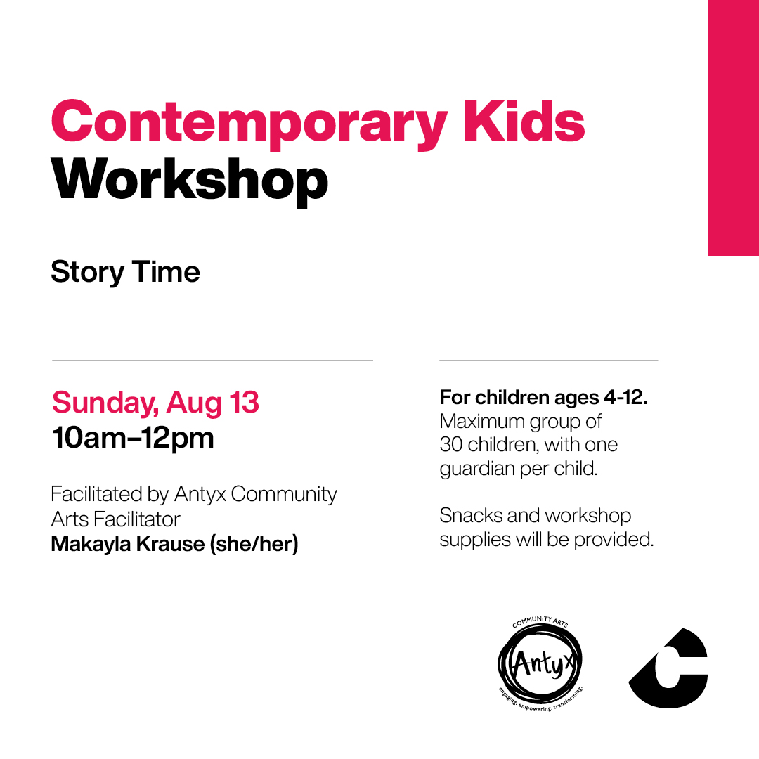 Contemporary Calgary (@contemporaryyyc) on Twitter photo FREE Sunday, August 13th—Contemporary Kids: Story Time Workshop, Facilitated by <a href="/AntyxArts/">Antyx Community Arts</a>
Learn more & register 🔗 bit.ly/44UmzLF
Maximum group of 30 children, with one guardian per child. Snacks and workshop supplies will be provided.
#ContemporaryCalgary #YYCEvents FREE Sunday, August 13th—Contemporary Kids: Story Time Workshop, Facilitated by <a href="/AntyxArts/">Antyx Community Arts</a>
Learn more & register 🔗 bit.ly/44UmzLF
Maximum group of 30 children, with one guardian per child. Snacks and workshop supplies will be provided.
#ContemporaryCalgary #YYCEvents