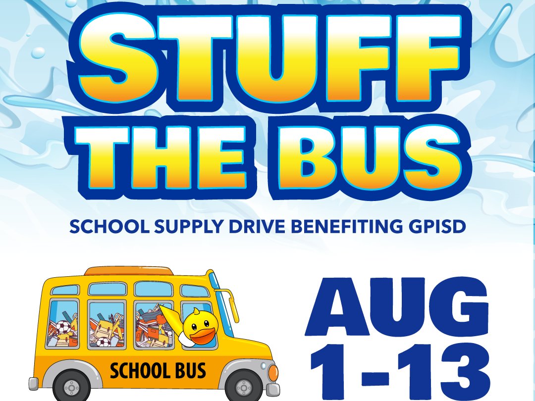 Now through August 13th, bring 5 school supply items and receive a FREE admission pass to use at a future date! 🎒 ✏️ 

Learn more at: epicwatersgp.com/stuffthebus

#StuffTheBus #epicwatersgp #epicwaters #schoolsupplydrive #gpisd #school #dfw #gptx #ThriveAcademically #MakeADifference