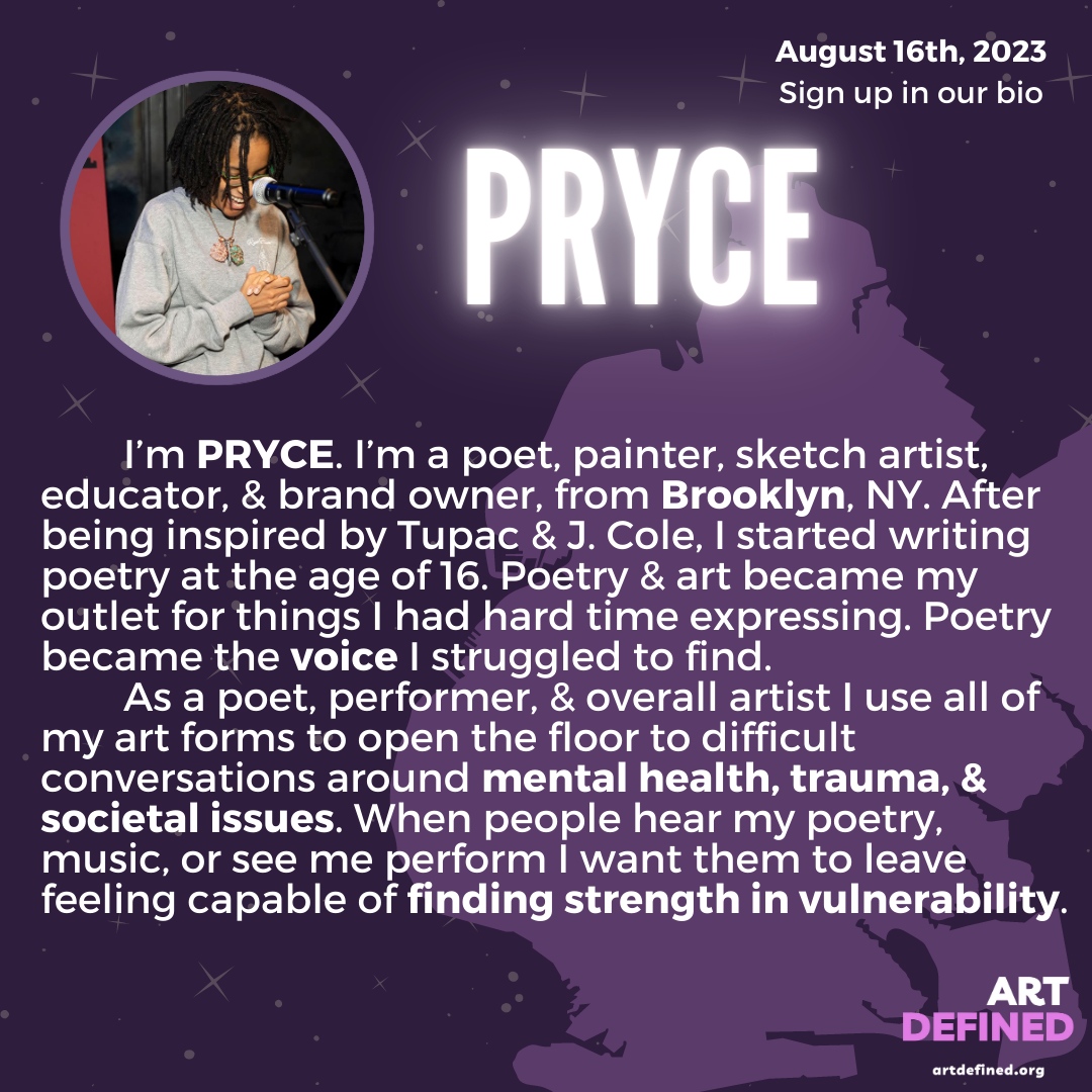 artdefinedinc's tweet photo. We are proud to present this month's featured artist for Poetic Affair:
@_artistxpoet_ aka PRYCE!
Pryce was our recent winner at the Harlem Nights Poetic Affair Slam! 
Swipe to learn more!

#feature #FeaturedArtist #Artist #poeticaffair #augustevents https://t.co/hD8lJOCdCq