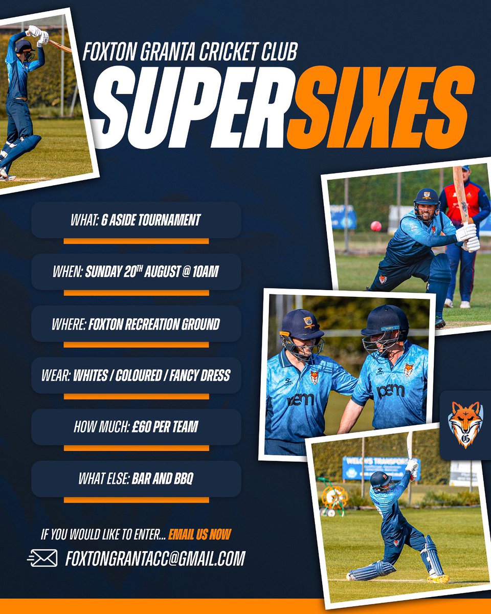 Foxton Granta Super Sixes!

We are excited to announce that we will be hosting a Super Sixes tournament on Sunday 20th August 🗓️

Entry is open to all, if you would like to enter a team please email foxtongranta@gmail.com 📧 

🦊 | #Foxes