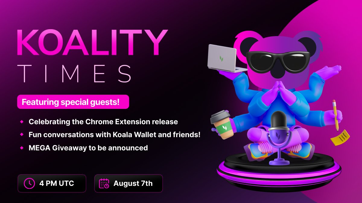 koalawallet's tweet photo. ⚡💜 TOMORROW #KoalityTime! Join us celebrating the launch of our Koala Wallet #webextension
🗓 Monday, Aug 7
⌚ 4pm UTC
📍https://t.co/eDgTAilbnl
👀 Hang with our team and special guests. Can you guess who?
#Kadena $KDA 🕸️⛓️ https://t.co/glI96f7Y6D