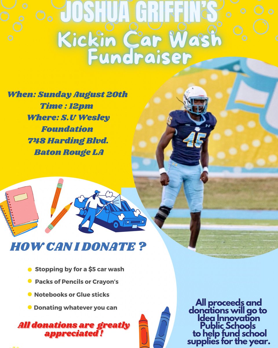Good Sunday All, I’m really excited to have my first fundraiser on Sunday, August 20th. Stop by to get your car washed for $5 to help donate and to help fund school supplies for the kids of Idea Innovation Public School. Can’t wait to see you there!