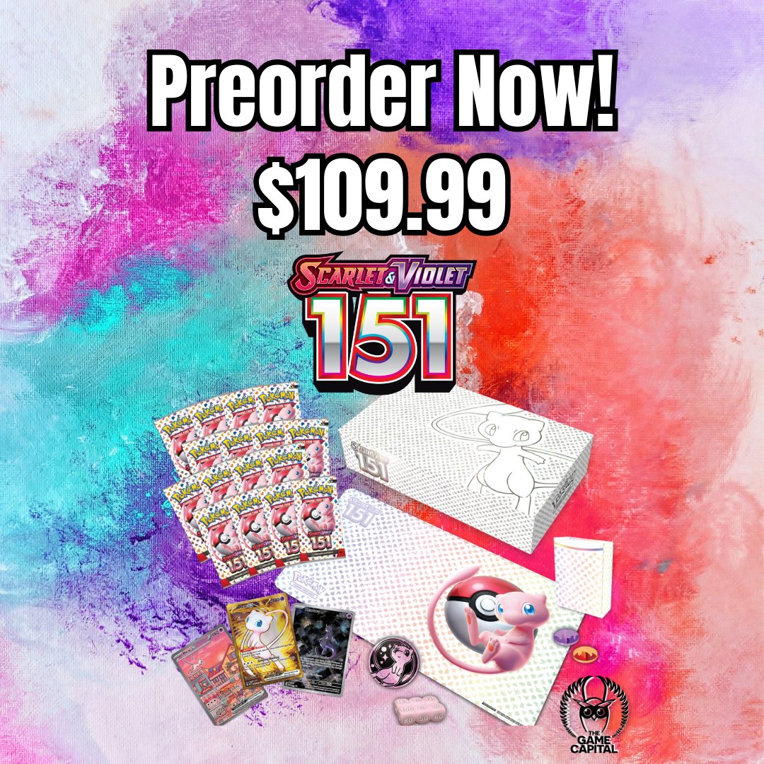 TheGameCapital's tweet image. Our preorders for Pokémon 151 are live &amp;amp; BELOW MSRP so act fast! Secure your preorder NOW at the-game-capital.com/collections/pr…

Like, follow &amp;amp; retweet for a chance to win an Obsidian Flames ETB. Winner to be selected no later than Thursday, August 17th during a Twitch livestream!