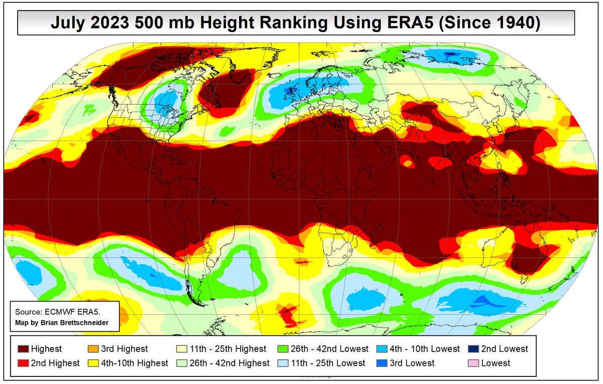 500 mb height rankings for July 2023 compared to all Julys since 1940. Dark red indicated record heights. Seems bad. 🔥🔥