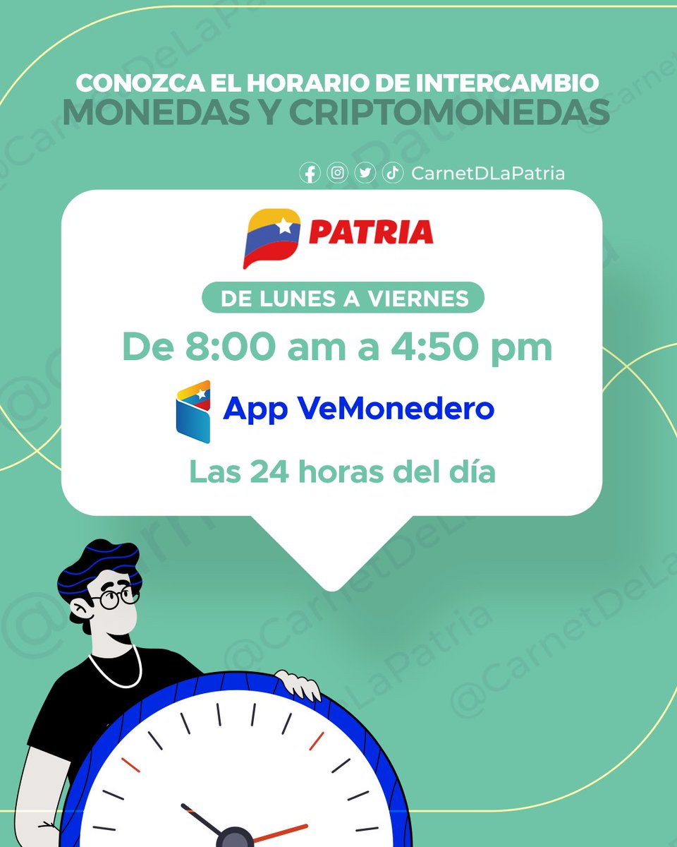 CarnetDLaPatria's tweet photo. #ENTÉRATE|| La #PlataformaPatria informa que el horario de funcionamiento del Sistema de Intercambio de Monedas y Criptomonedas, será los días hábiles de lunes a viernes de 8:00AM a 4:50PM.

#NicolásNoArruga #6Ago https://t.co/D5OLK4VteF