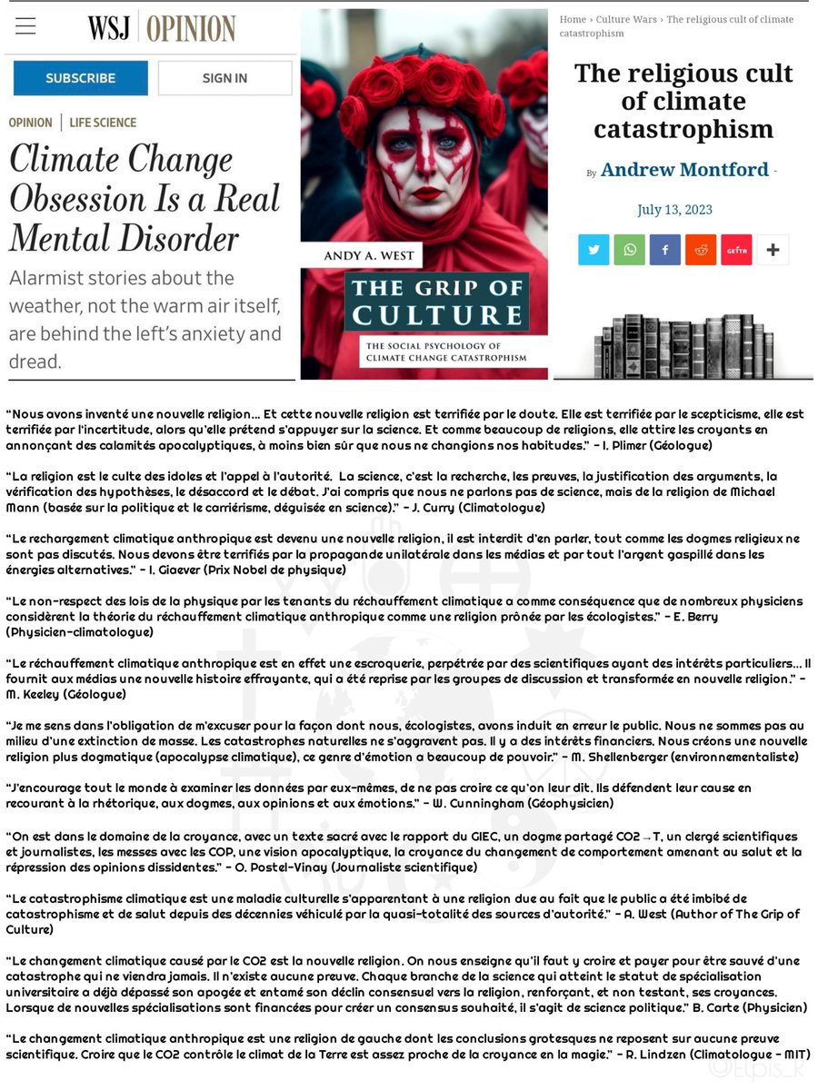 Elpis_R's tweet photo. La religion du RCA :

Un texte sacré, le rapport du GIEC, un dogme partagé, CO2→T, un clergé, scientifiques et journalistes, des messes, les COP, une vision apocalyptique, la croyance qu’un changement de comportement amènera au salut et la répression des opinions dissidentes. https://t.co/uPgb38tZoc