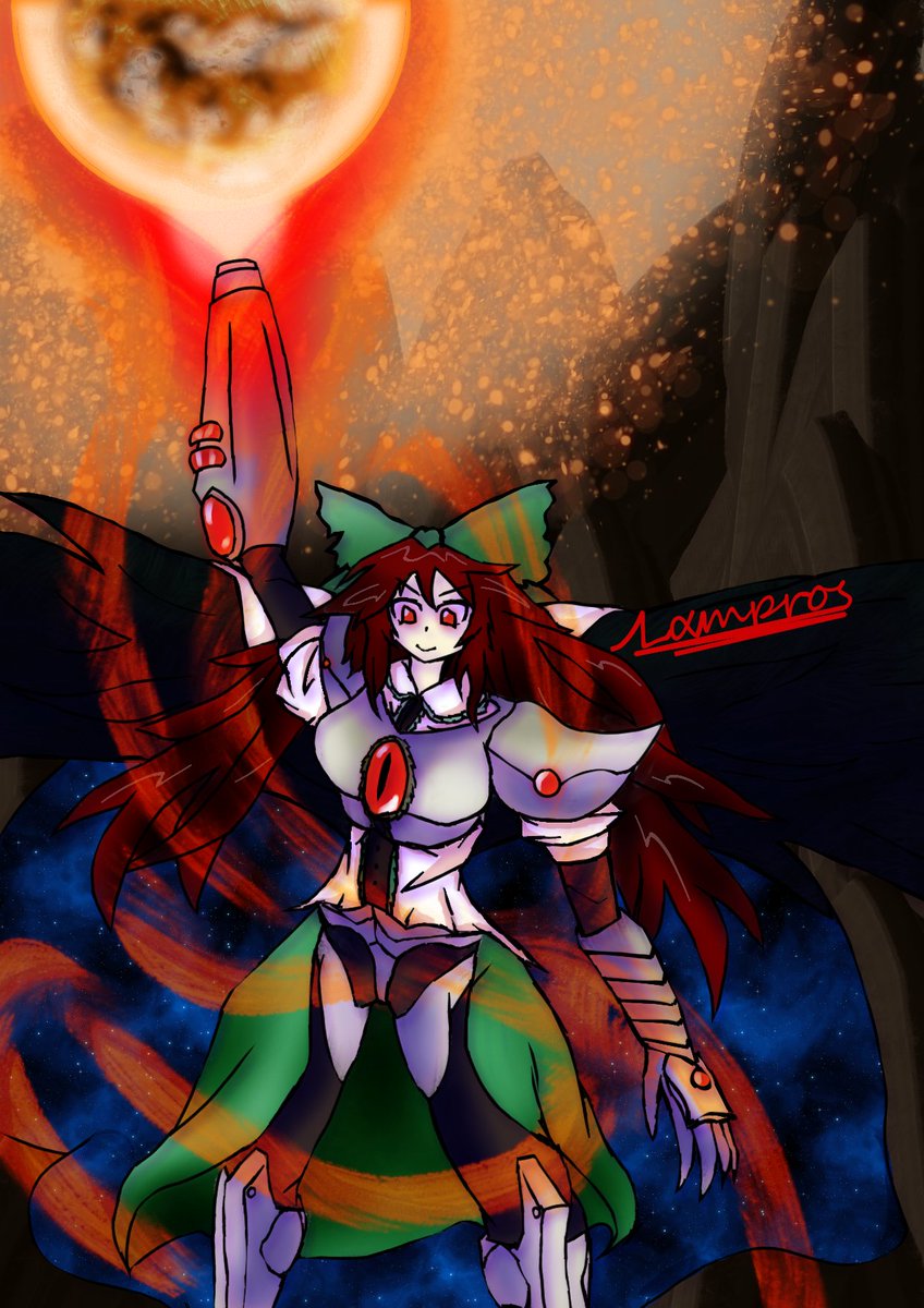 Lamproman's tweet photo. Here is a drawing of Okuu with Raven Beak's armor.
Both characters are ravens with arm cannons that have the power to destroy quite everything, and those similarities gave me the idea for a crossover fanart.

#Metroid #MetroidDread #touhou #touhouproject #fanart https://t.co/VjvUD1yq9C