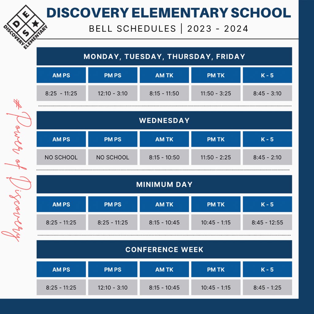 Bell schedules for the 2023-2024 school year. First day of school is Tuesday, August 15! #PowerofDiscovery