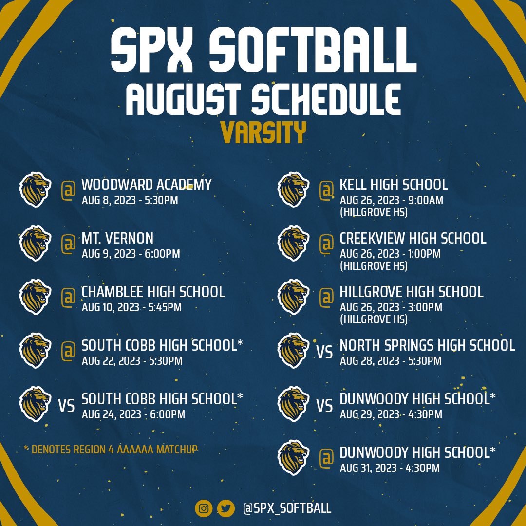 SPX_Softball's tweet photo. We’ve got a busy month ahead of us! School starts tomorrow and we’ve got 11 varsity and 9 JV games in the month of august. Let’s go golden lions!
#BeTheReasonSPX #SPXsoftball #GHSAsoftball #HSsoftball @StPiusXAtlanta https://t.co/RbujmpWNkv