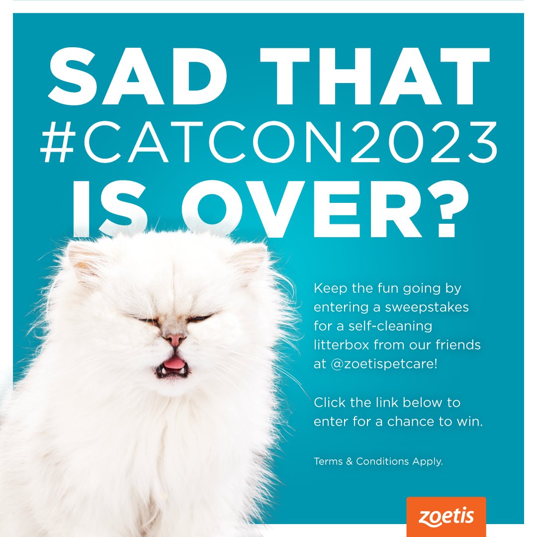 Sad that #CatCon2023 is over? Keep the fun going by entering a sweepstakes for a self-cleaning litterbox from our friends at Zoetis Petcare! Click the link below to enter for a chance to win: bit.ly/3XCqSIV Terms & Conditions Apply.