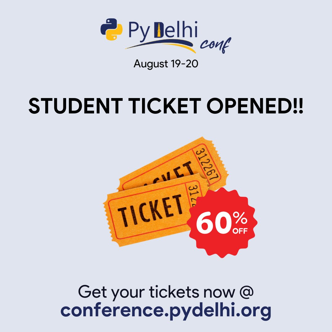 🎟️ Good news for students! 🎉 Due to overwhelming response from the student community, we're excited to announce DISCOUNTED TICKETS just for YOU! 🎓Don't miss out on this amazing opportunity to attend the Conf! Limited availability, so act fast! 🏃‍♀️🏃‍♂️ #PyDelhiConf #StudentDiscount