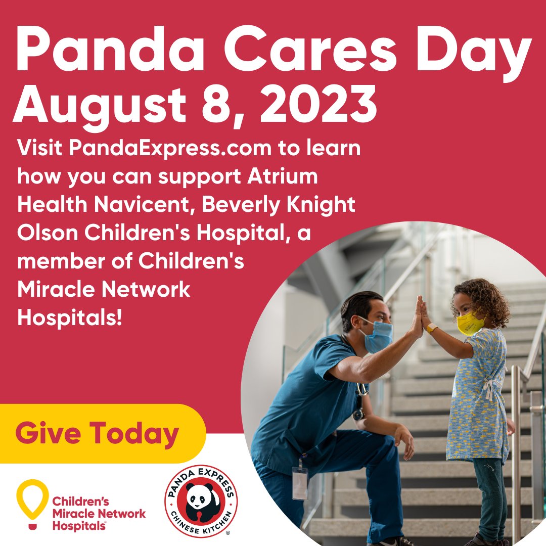 Atrium Navicent Beverly Knight Olson Children's (@ahnchildrens) on Twitter photo On Aug. 8, <a href="/PandaExpress/">Panda Express</a> will be donating 25% of online and mobile app orders with code PCD2023 back to our hospital to celebrate Panda Cares Day! Order online or through the Panda Express app with code PCD2023 on Aug. 8! #PandaCares #ChangeKidsHealth <a href="/CMNHospitals/">Children's Miracle Network Hospitals</a> On Aug. 8, <a href="/PandaExpress/">Panda Express</a> will be donating 25% of online and mobile app orders with code PCD2023 back to our hospital to celebrate Panda Cares Day! Order online or through the Panda Express app with code PCD2023 on Aug. 8! #PandaCares #ChangeKidsHealth <a href="/CMNHospitals/">Children's Miracle Network Hospitals</a>