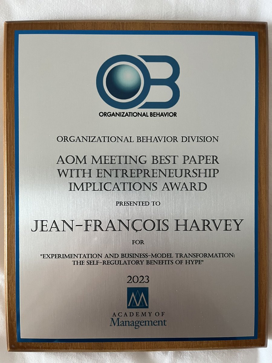 Delighted to have received the AOM Meeting Best Paper with #Entrepreneurship Implications from the <a href="/AOM_OB/">AOM Organizational Behavior Division</a> <a href="/AOMConnect/">Academy of Management</a> #AOM2023 Crossing fingers that the paper finds its home.