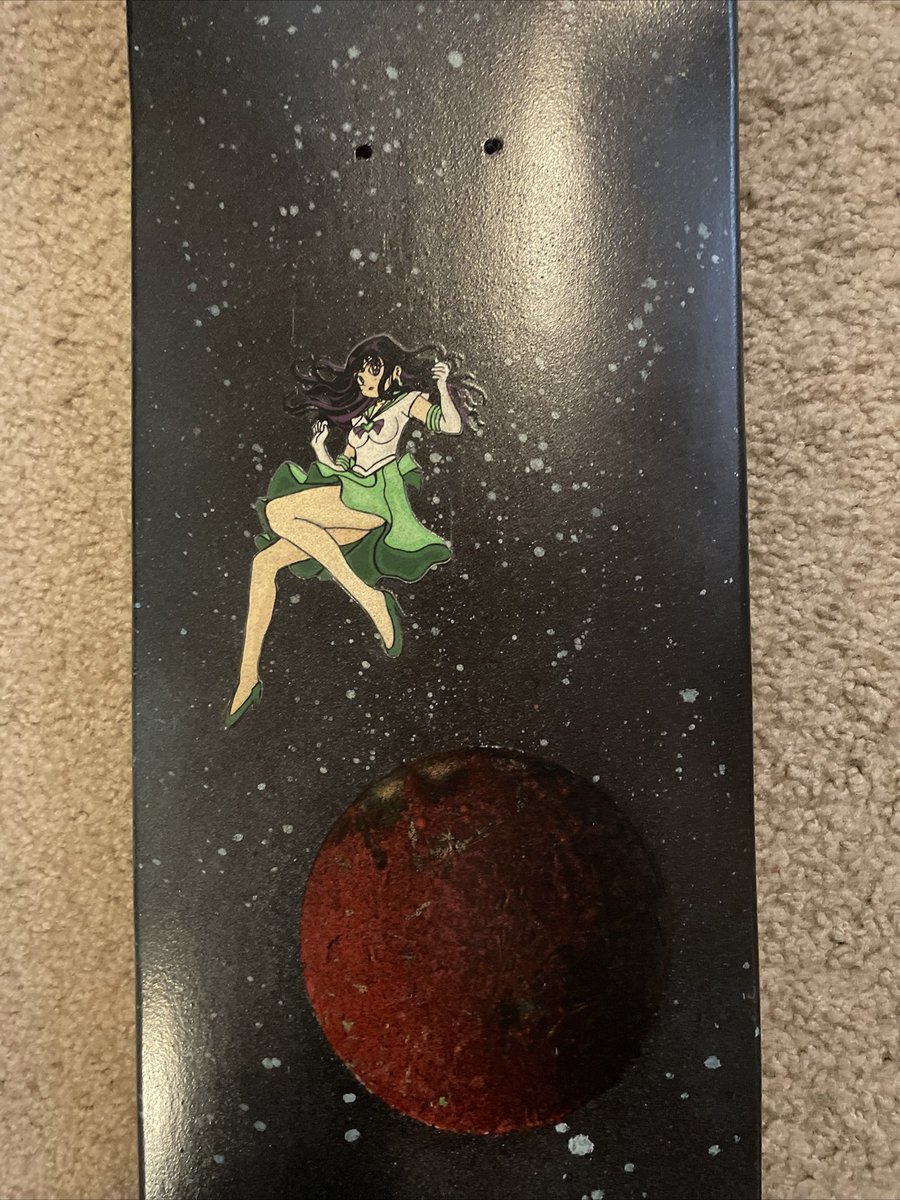 ZoteProfessor's tweet image. I custom painted a skateboard deck, selling it to whoever inquires first! 

DM me for price and delivery/pickup info! 

The design is Sailor Mars, green dress instead of red, and floating in space. 

 #SailorMoonFanNetwork
#sailormoon #customboards 
#skateboards #sailormars