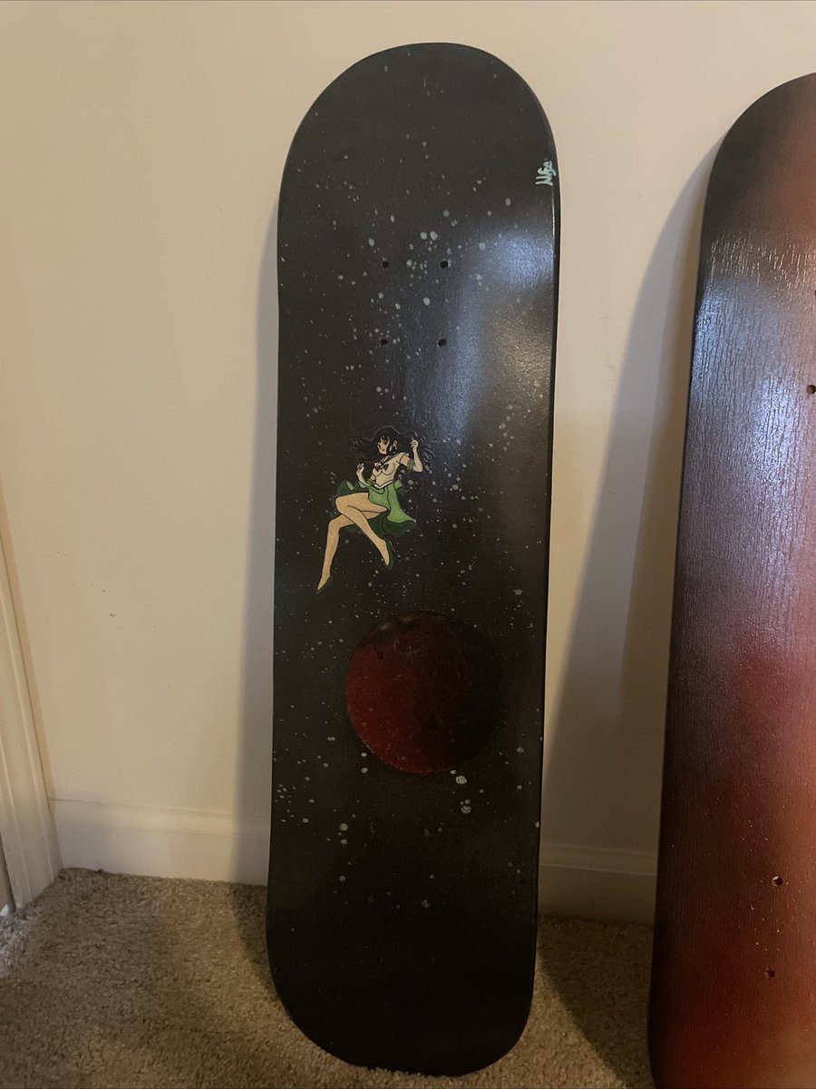 ZoteProfessor's tweet image. I custom painted a skateboard deck, selling it to whoever inquires first! 

DM me for price and delivery/pickup info! 

The design is Sailor Mars, green dress instead of red, and floating in space. 

 #SailorMoonFanNetwork
#sailormoon #customboards 
#skateboards #sailormars