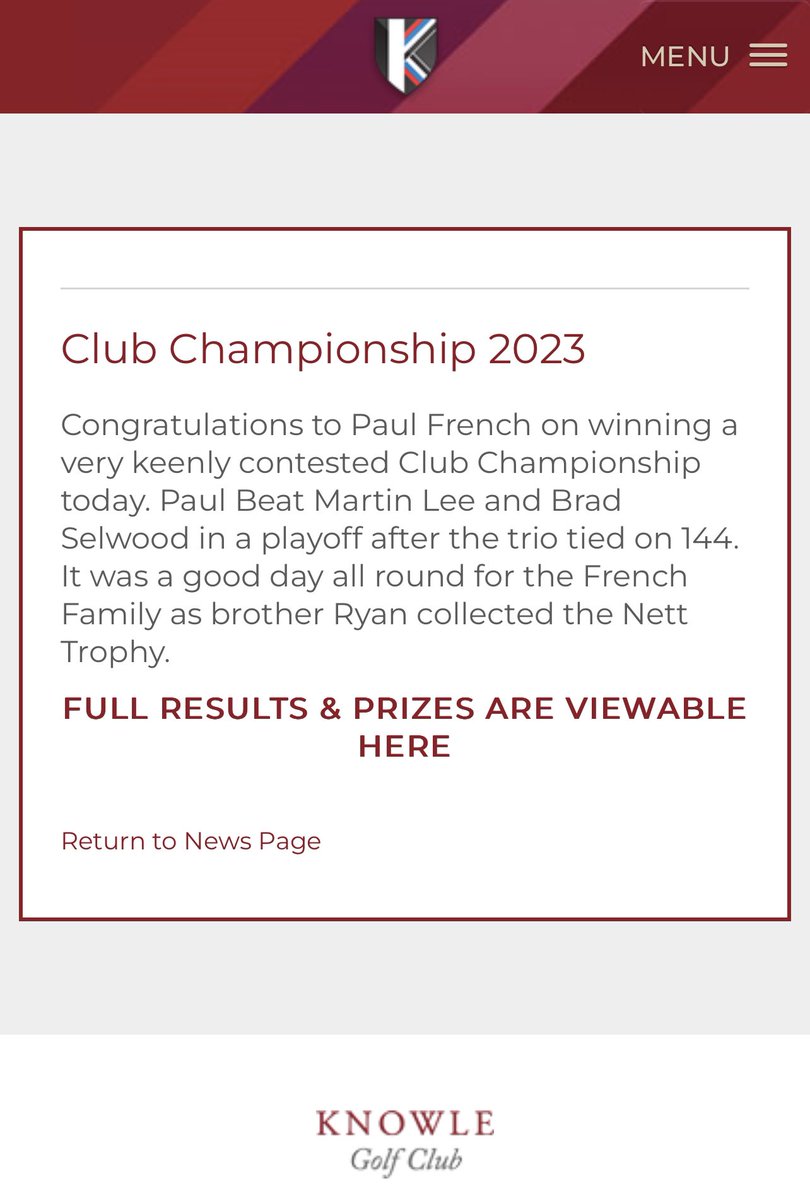 MarkDSanders74's tweet photo. Congratulations to @frenchy1982 on winning the @KnowleGolfClub 2023 Club Championship after a 3 Man playoff lasting 7 extra holes. https://t.co/StG4Bppqop