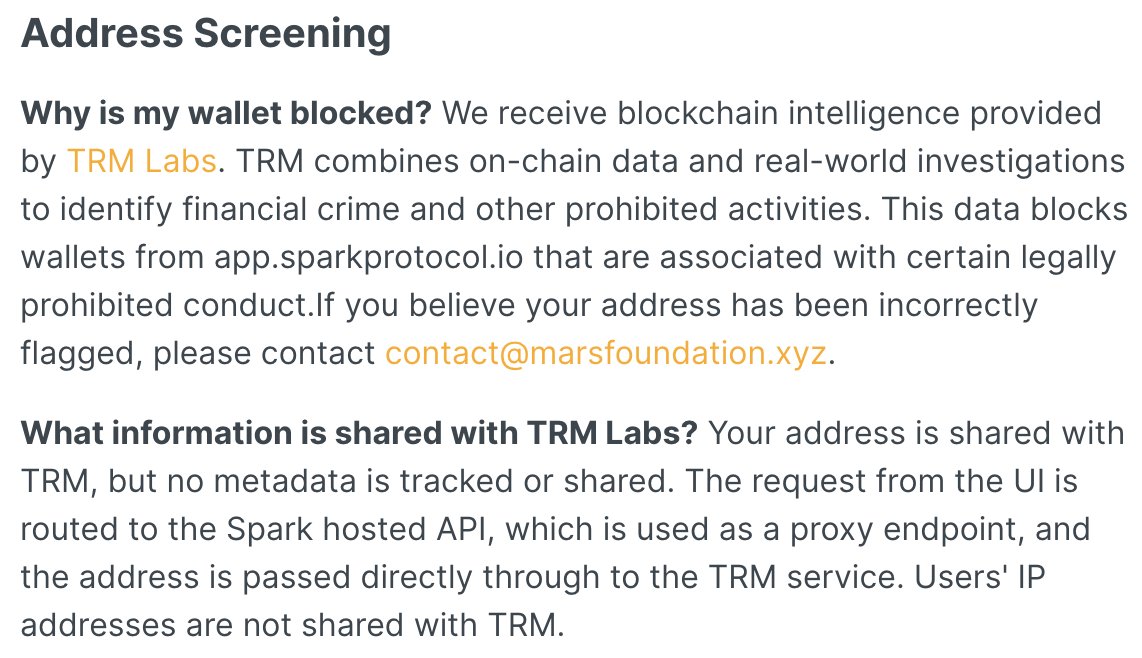 CSBastiat's tweet photo. I rarely get as disgusted as I am right now with MakerDAO's Spark Protocol.

It's one thing to block US residents. 

It's a whole other thing to block anyone in the entire world who is using a VPN for privacy.

This isn't just govt cuckery.

This is an actual war on privacy. https://t.co/dUbsMeVzbZ