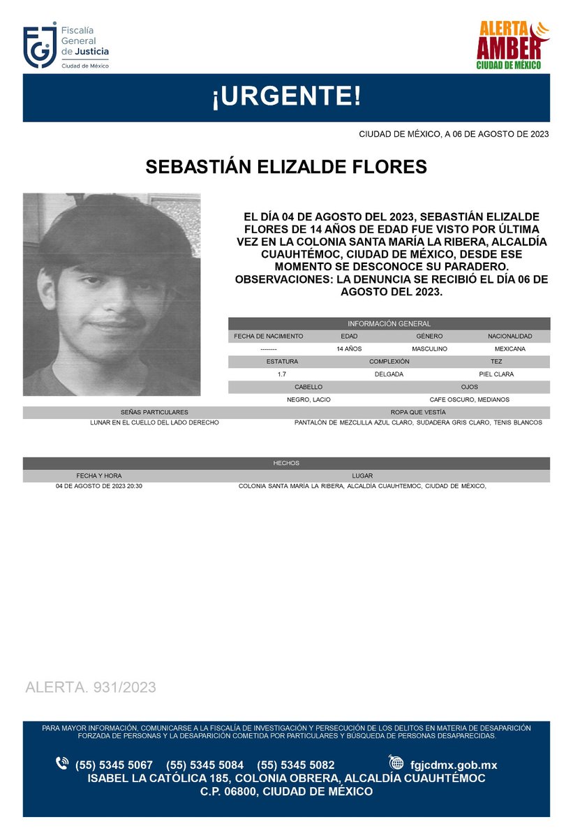 Se activa #AlertaAmber para localizar a un menor de 14 años de edad, de nombre Sebastián Elizalde Flores, fue visto por última vez el día 4 de agosto de 2023 en la colonia Santa María la Ribera, alcaldía Cuauhtémoc