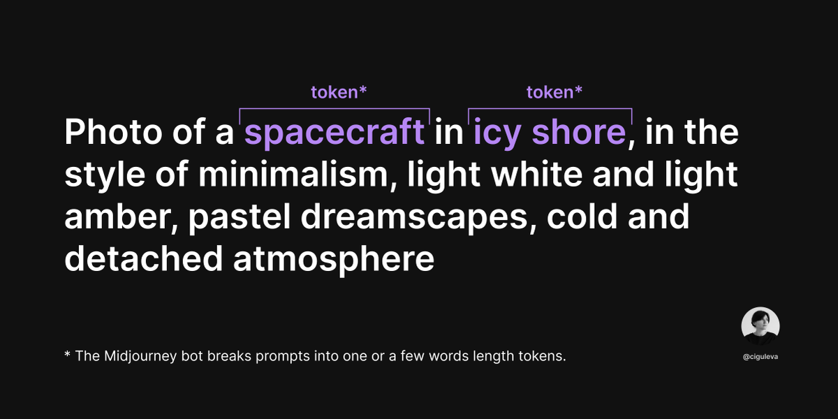 ciguleva's tweet photo. UNDERSTANDING THE MEANING OF 'TOKEN' IN PROMPTS

In one of my latest posts, I got a question: why do we call words in the prompt "tokens"? It can be confusing, especially for folks from WEB 3. So, I thought I'd write a post to answer that question and clear things up!

The term "token" was first used in linguistics and grammar to refer to a basic unit of language. It originated from the Latin word "tōken" or "tōkēn," meaning "sign" or "symbol."

In the early days of computer science and programming, the concept of tokens was introduced to represent individual elements of a program's source code. These tokens were the smallest units that a compiler or interpreter could understand and process. Each token had a specific meaning and function, such as keywords, identifiers, operators, or punctuation.

What are Tokens in Language Models?
In language models like GPT-3.5, a "token" is a small piece of text. It could be a word, part of a word, or even a single character. The model processes text by dividing it into these tiny parts. 

How Do Language Models Split Text into Tokens?
Language models use different methods to break down text. They can split it into words or smaller chunks like subwords. For example, a word like "running" might be divided into "run" and "ning" as two tokens. The Midjourney bot breaks prompts into one or a few words length tokens.

What's the Impact of Token Size?
The size of tokens affects how well the model understands and generates text or images. Smaller tokens can capture more details, while larger tokens give more context. However, using smaller tokens might make the model more computationally expensive.