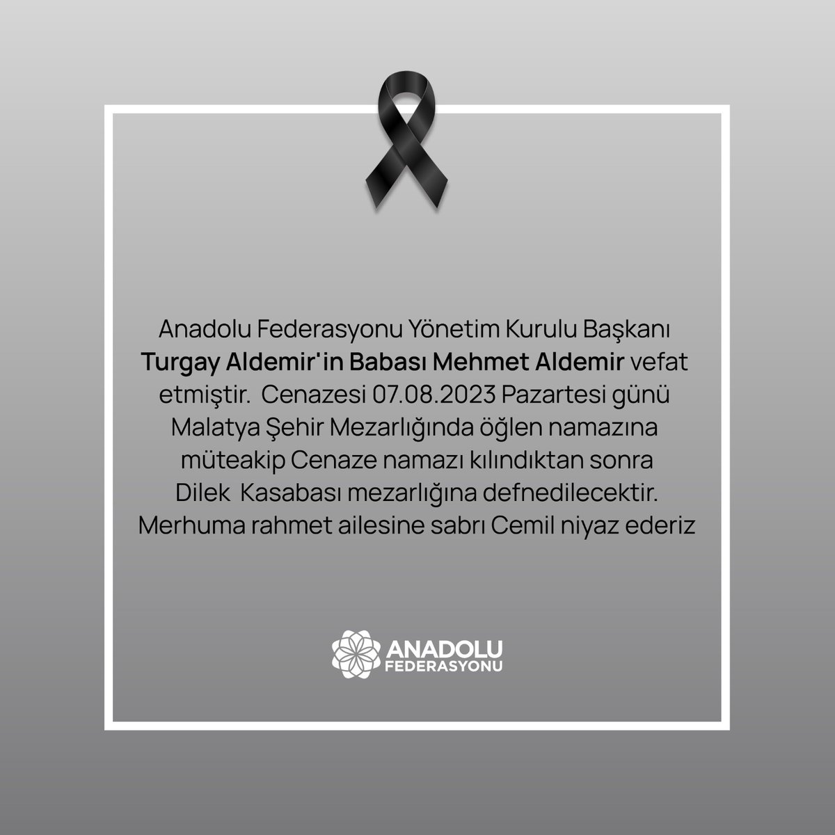 anadolufdrsyn's tweet photo. Anadolu Federasyonu Yönetim Kurulu Başkanımız Turgay Aldemir'in babası Hacı Mehmet Aldemir vefat etmiştir. Allah rahmet eylesin. https://t.co/KCfntYdjqW