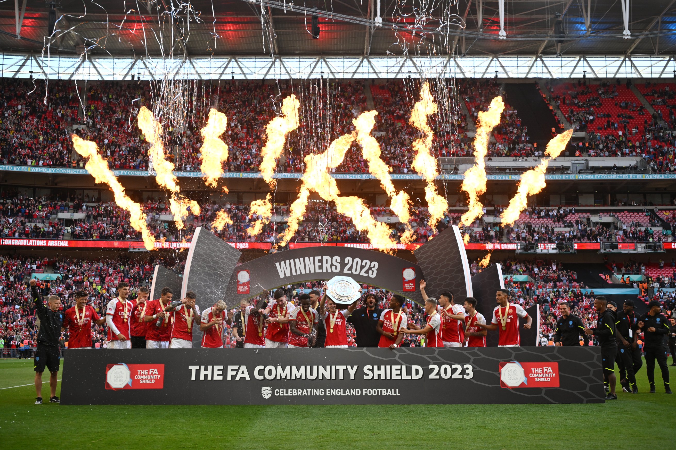 The players lift the Community Shield after this afternoon's win against Manchester City.