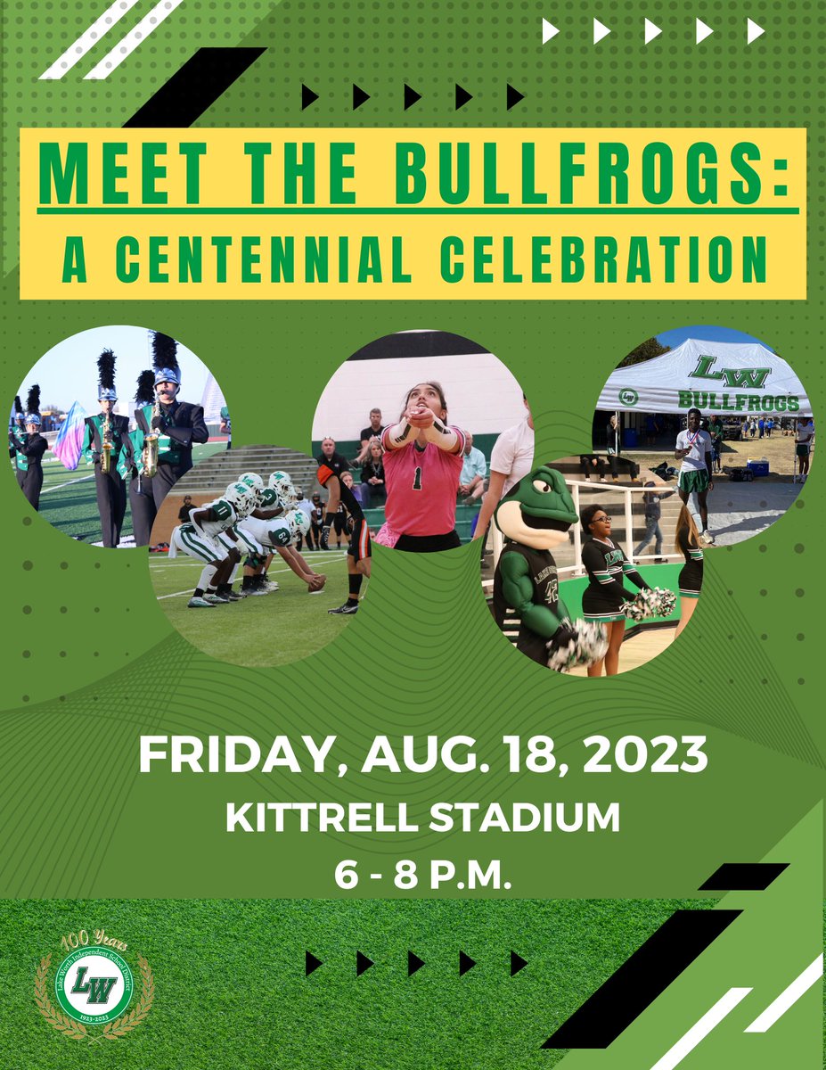 LakeWorthISD's tweet photo. The community is invited to the Meet the Bullfrogs: A Centennial Celebration on Friday, Aug. 18, at Kittrell Stadium from 6 - 8 p.m. See a performance by the Bullfrog cheerleaders and marching band along with meeting the football, volleyball, cross country and tennis teams. 🐸 https://t.co/EnDQX3I3it