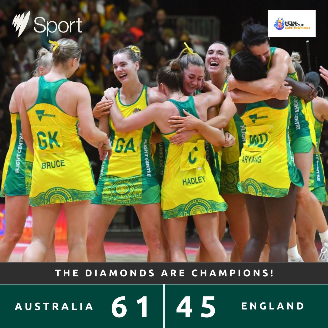 DOMINANT DIAMONDS! 🥳🏆

A stunning performance from the Aussies as they secure a 12th <a href="/NetballWorldCup/">Netball World Cup</a> trophy! 🙌🇦🇺

#NWC2023 #NetballWorldCup2023