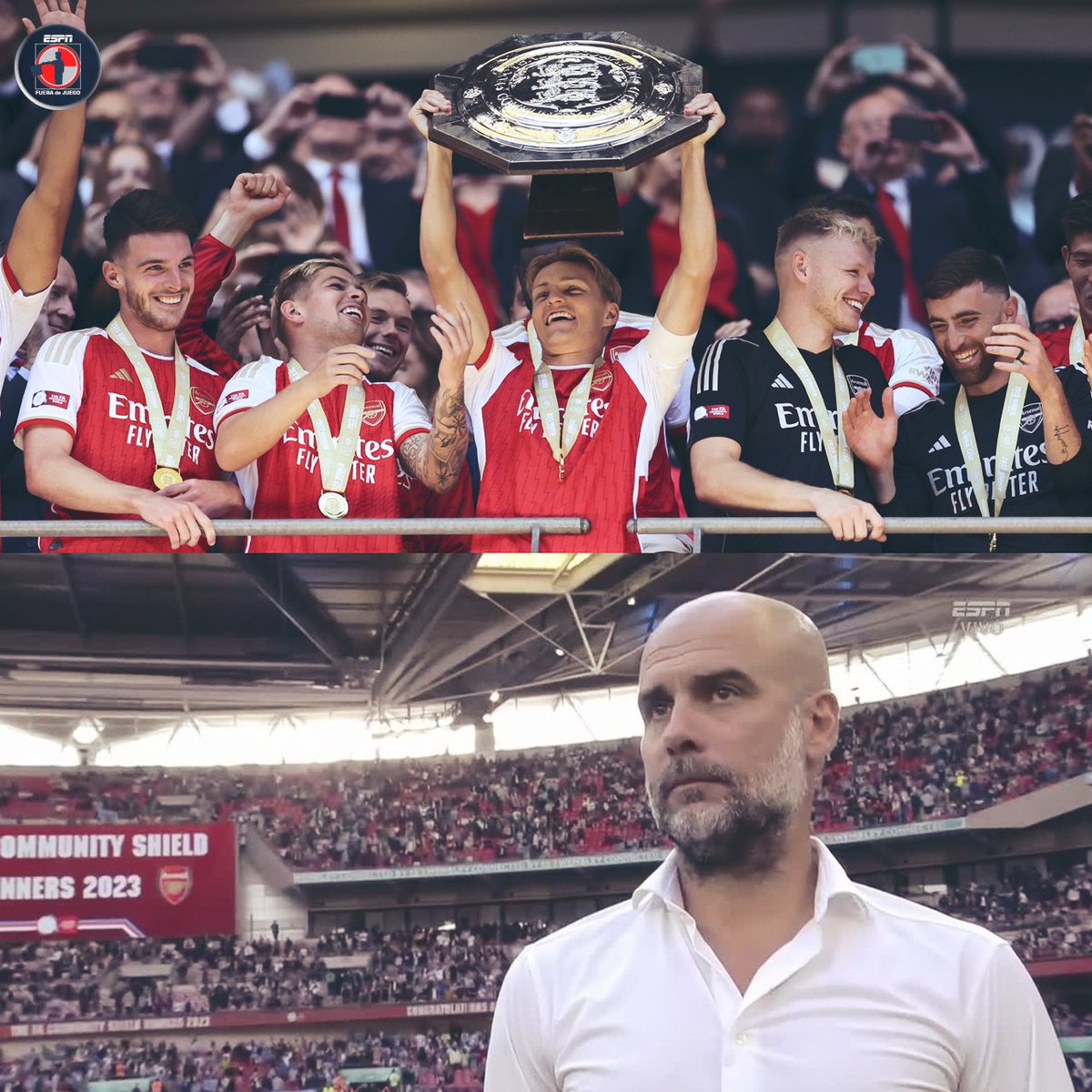 ESPN_FDJ's tweet photo. 😐 Así le quedó la cara a Pep Guardiola después de que el Arsenal le ganara la Community Shield.....

Los gunners se lo empataron al 90+10 y las fallas de Kevin De Bruyne y Rodri en la tanda dejaron sin título al Manchester City. https://t.co/9lVAKOFo2v