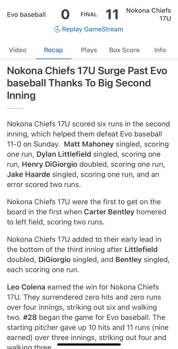 Nokona Chiefs 17u win 11-0 in the QuarterFinals of <a href="/selectbsbevents/">Select Baseball</a> Best of the Best - <a href="/leo_colena/">Leo Colena</a> with a NO-HITTER - Carter Bentley 2-2 3RBI 💣 - <a href="/henry_digiorgio/">Henry D</a> 2-3 2RBI 2B 2r - <a href="/dlittlefield88/">Dylan Littlefield</a> 2-2 2B 2RBI - <a href="/HaardeJake/">Jake Haarde</a> 2-3 2r - <a href="/m_mahoney44/">Matt Mahoney</a> 2-2 2R #nokona
