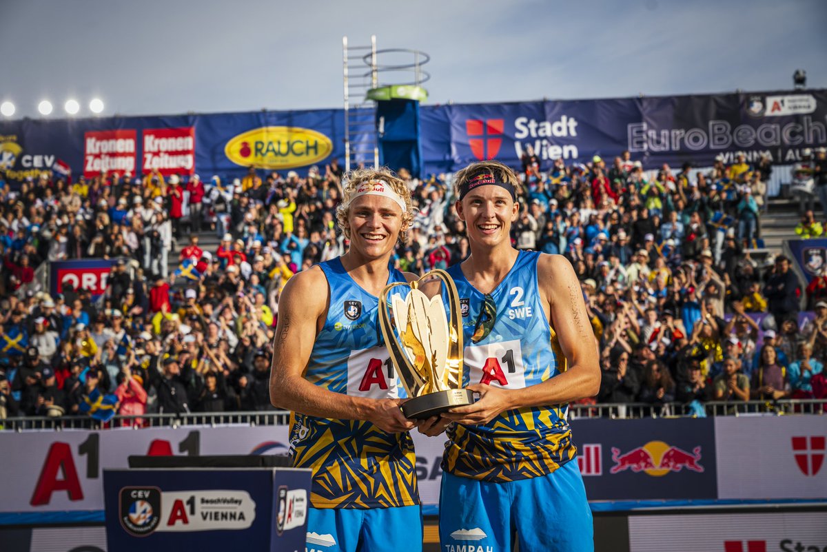 CEVolleyball's tweet photo. The reign of David Åhman and Jonatan Hellvig in European #BeachVolleyball is set to continue for at least another year as the 🇸🇪 jumpsetters successfully defended the continental title they won last year at the 2023 #EuroBeachVolley in Vienna!

🔎 https://t.co/Aew2sgBzRo https://t.co/Vm1rmyujvR