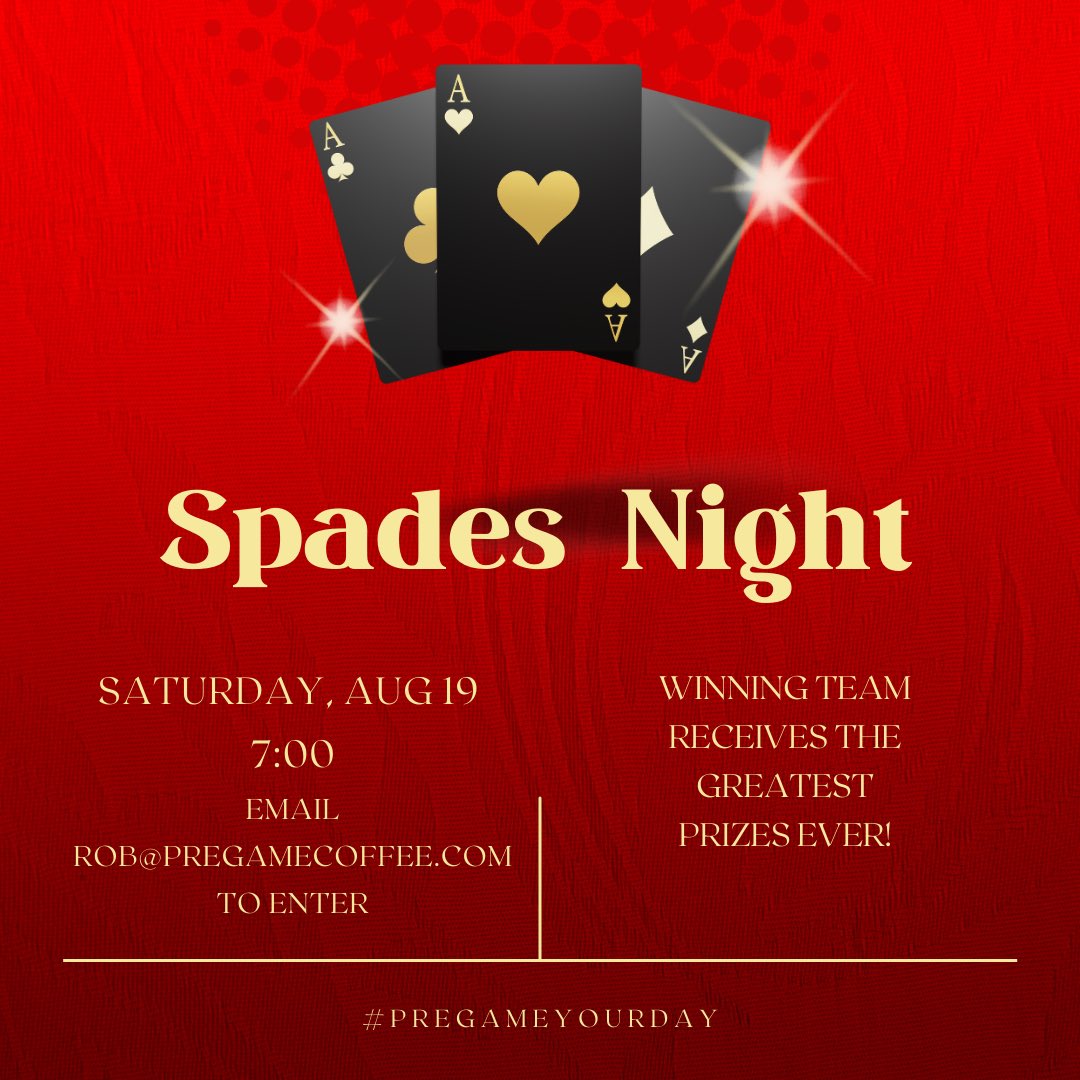 Get ready for another spades night! Winning team receives prizes!