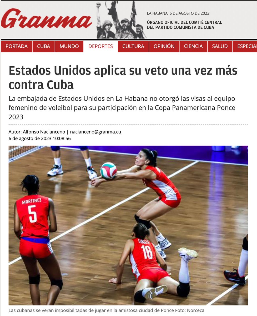#Cuba denunció este sábado que la Embajada de #EEUU en La Habana no otorgó las visas necesarias al equipo femenino de voleibol para su participación en la Copa Panamericana 2023 que se celebra por estos días en Ponce, #PuertoRico

El torneo es clasificatorio para los Juegos