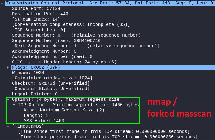 (1/2) FYI, #masscan users. The original masscan does NOT include the ‘TCP options’ field with MSS value which is required for some hosts to reply to the packet. The fork by <a href="/IvreRocks/">IVRE</a> features the --tcpmss switch that includes the mentioned field for your better scope coverage ⤵️