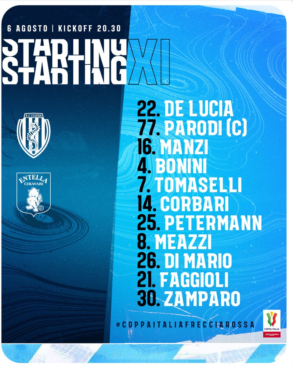 🏆 | FORMAZIONE

Gli 11 #biancocelesti per il match di Coppa Italia #Frecciarossa con il #Cesena ⚪️🔵
#ForzaEntella #UnaSolaSquadra <a href="/LegaSerie/">Lega Serie A</a>