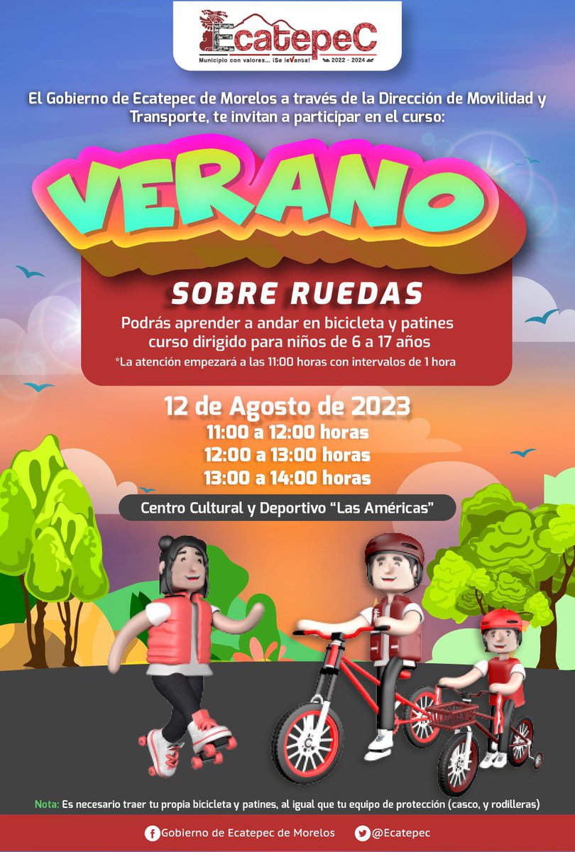 FerVilchisMx's tweet photo. #ARodar | No dejes a tus peques sin la gran oportunidad de unirse al curso de Verano Sobre Ruedas que la @MovEcatepec2022 impartirá el próximo 12 de agosto.
¡Ahí podrán aprender a andar en bicicleta y patines! https://t.co/CUpJzryKxa