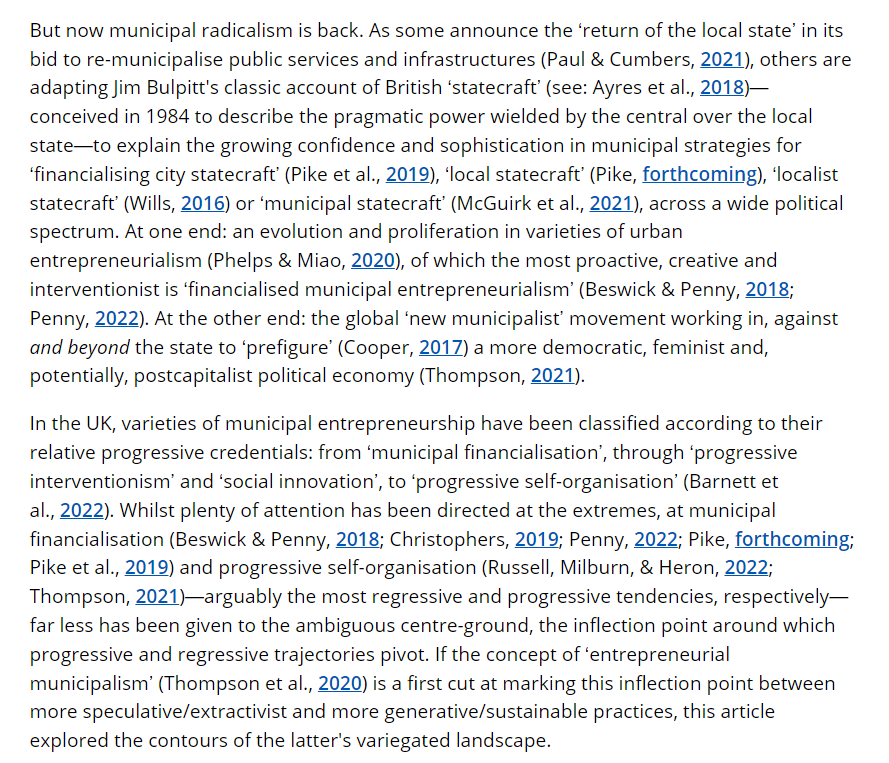 Thought-provoking read on the competing theoretical frameworks underpinning 'radical municipalism': the 'municipal financialisation' of London - where 84 per cent of authorities have arms-length regeneration vehicles - versus the 'progressive interventionism' of Preston: