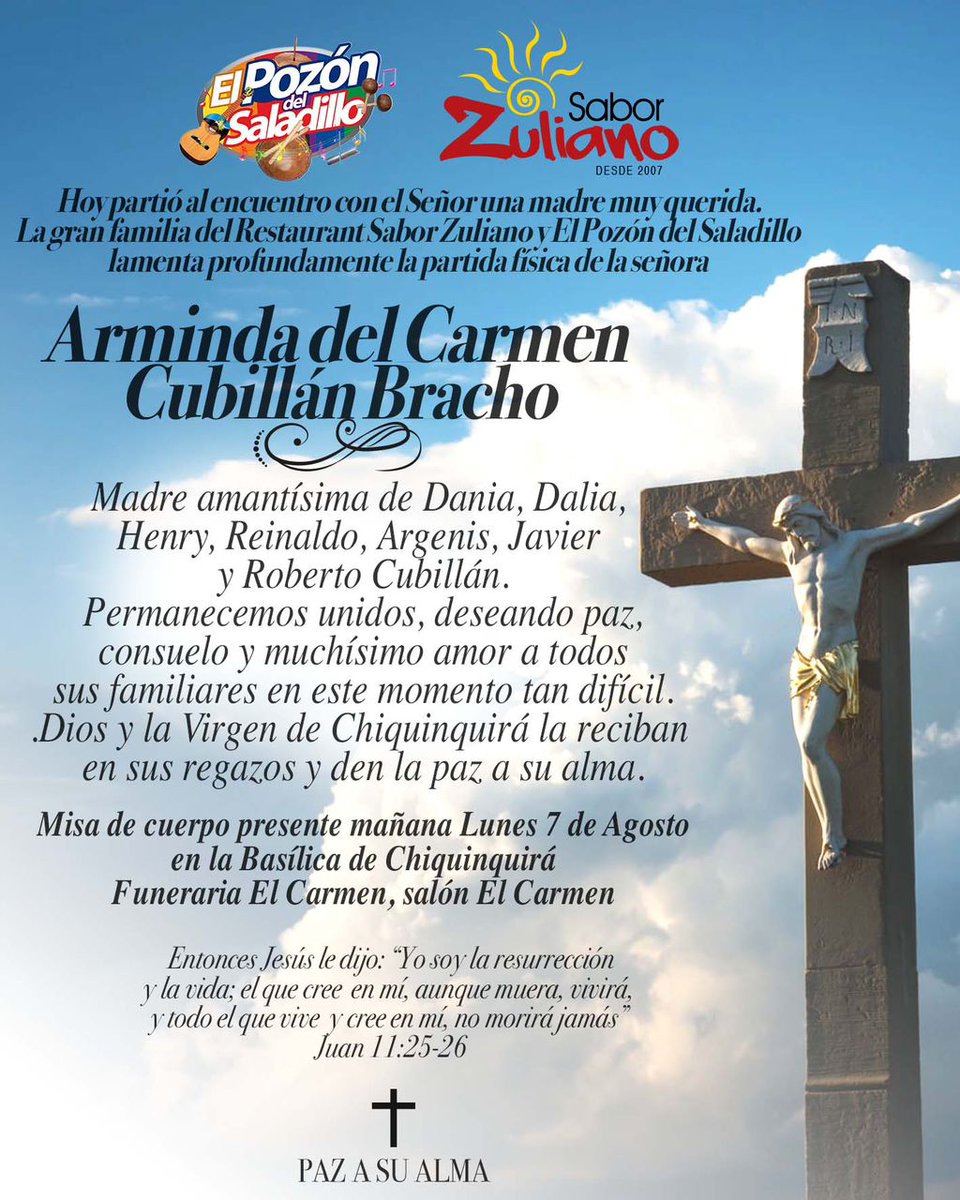 Hoy partió al encuentro con el Señor una madre muy querida.
.
La gran familia de El Pozón del Saladillo y Restaurant Sabor Zuliano lamentamos profundamente la partida física de la señora Arminda del Carmen Cubillán Bracho.