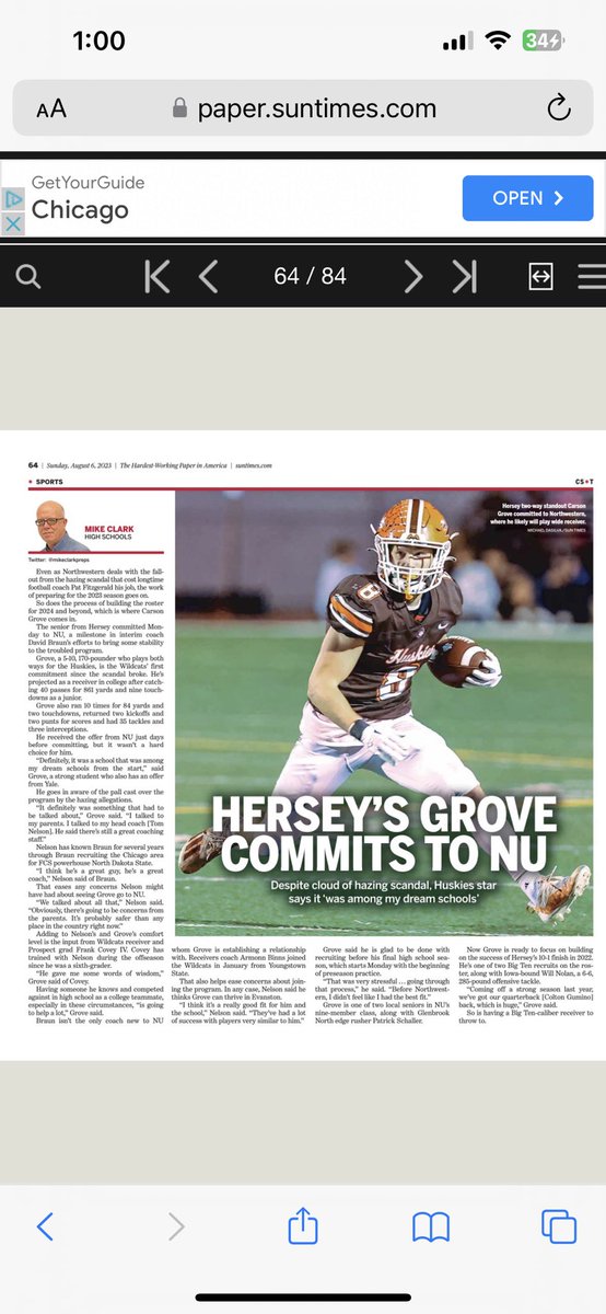 In today’s <a href="/suntimes_sports/">Sun-Times Sports</a>, my story on Hersey’s Carson Grove committing to NU:
<a href="/Hersey_Football/">Hersey Football</a> <a href="/Carsongrove11/">Carson Grove</a> <a href="/NUFBFamily/">Northwestern Football</a>