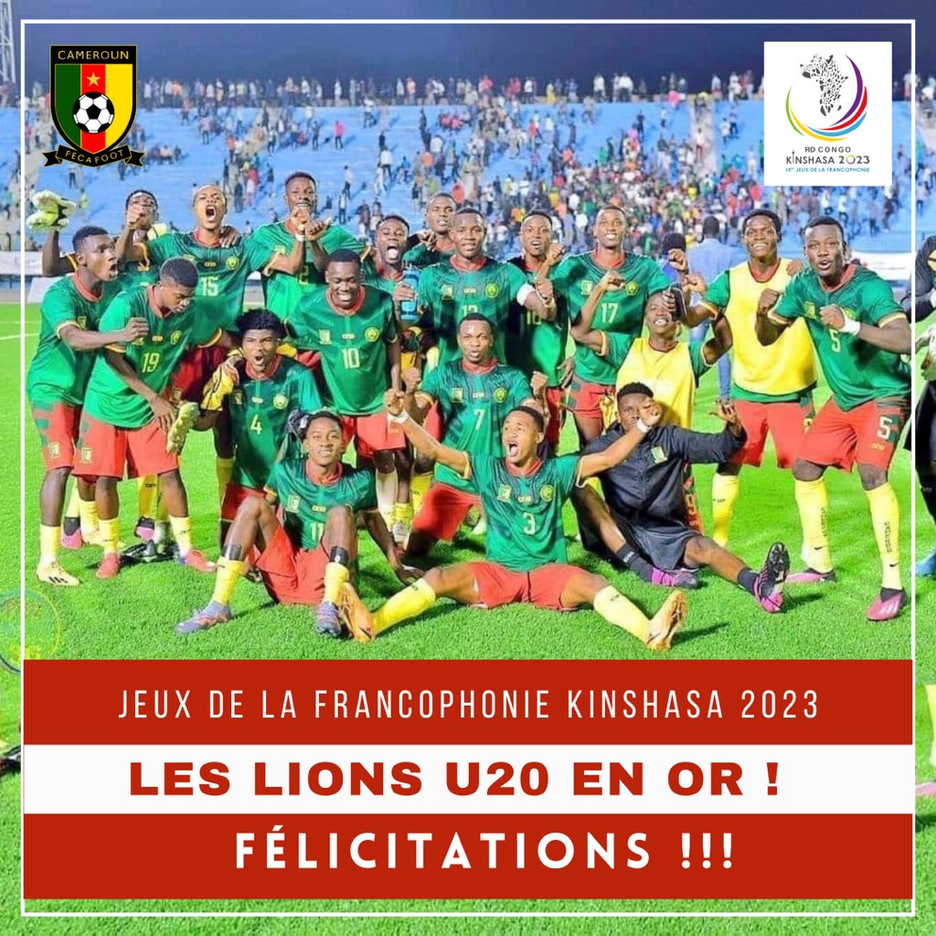 FecafootOfficie's tweet photo. Les #LionsU20 s’imposent sur le Burkina Faso 2 buts contre 1 en finale des Jeux de la Francophonie de Kinshasa 2023 pour décrocher la médaille d’or. Félicitations !!!!

#Kinshasa2023 https://t.co/Kg61aHAOeE
