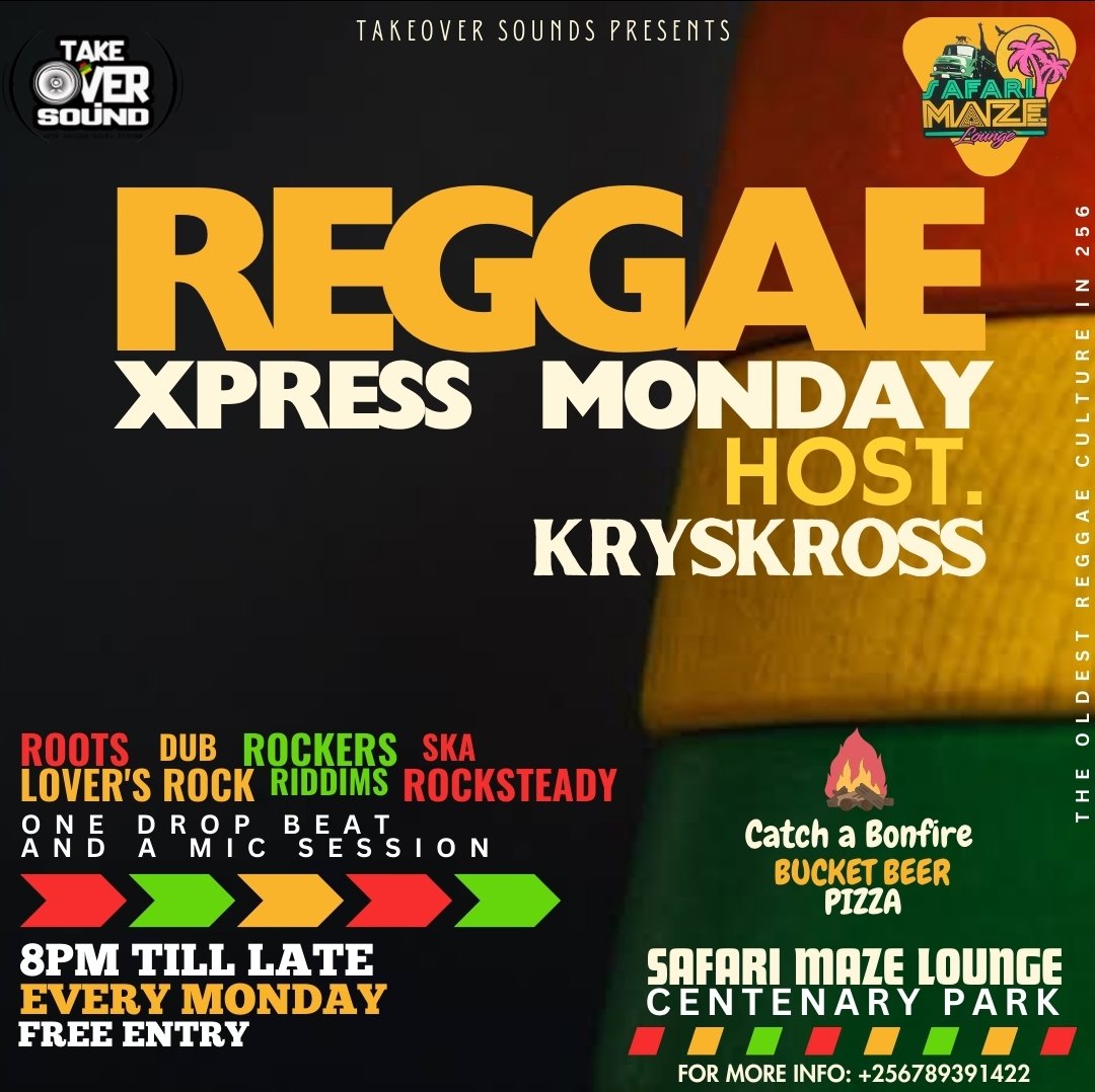 #ReggaeXpressMonday 🟥🟨🟩

STRICTLY REGGAE MUSIC 
📌 Safari Maze Lounge,
Centenary Park. Kampala