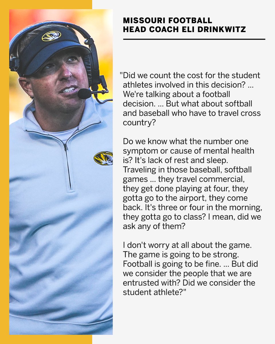 Missouri football head coach Eli Drinkwitz on the potential effect conference realignment has on the student athlete.