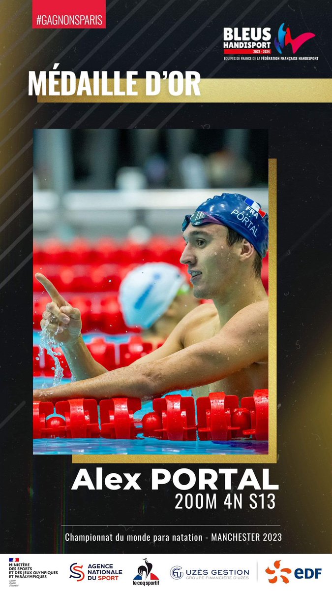 ALEX PORTAL TRIPLE CHAMPION 
DU MONDE 🥇🥇🥇
Quelle compétition incroyable pour Alex Portal qui s’impose en patron sur le 200m 4N SM13. Le nageur du CNO St Germain en Laye entraîné par Guillaume Benoist clôture ce mondial avec 4 médailles dont 3 titres de champions du monde. ⚡️⚡️